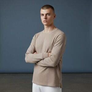 Tommy John Mens Ribbed Long Sleeve Crew Neck Casual Pullover Top Size M Tan